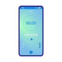 Alarm clock app smartphone interface vector template. Mobile wake up application page blue design layout. On, off options screen. Gradient flat UI for application. Get up time settings phone display