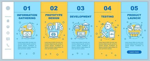 plantilla de vector de pantalla de página de aplicación móvil de lanzamiento de nuevo producto. desarrollo de prototipos. Pasos del proceso de fabricación paso a paso del sitio web con ilustraciones lineales. ux, concepto de interfaz de teléfono inteligente gui