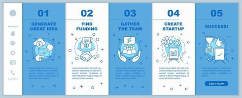 plantilla de vector de pantalla de página de aplicación móvil de incorporación de negocio de inicio. encontrar financiación, recopilar los pasos del sitio web del tutorial del equipo con ilustraciones lineales. ux, ui, concepto de interfaz de teléfono inteligente gui