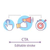 CTA concept icon. Call to action idea thin line illustration. Advertising campaign. Immediate sales. Marketing tools, metrics. Vector isolated outline drawing. Editable stroke