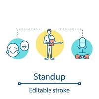 Standup concept icon. Meeting in theatre. Fun comedy show emotion. Performance, entertainment, presentation audience. Event idea thin line illustration. Vector isolated outline drawing