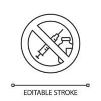 icono lineal de signo de prohibición de drogas y pastillas. ilustración de línea delgada. sin pegatina de jeringa. Prohibida la inyección. contra la vacunación. símbolo de contorno dibujo de contorno aislado vectorial. trazo editable vector