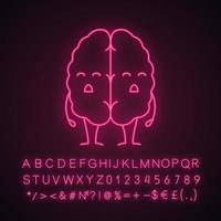 Sad human brain emoji neon light icon. Dementia, stroke. Unhealthy nervous system organ character. Glowing sign with alphabet, numbers and symbols. Vector isolated illustration