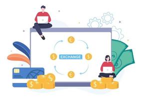 World Currency Exchange Services Cartoon Illustration Online Economy Applications for Cryptography, Euro, Dollar with Transaction Code vector