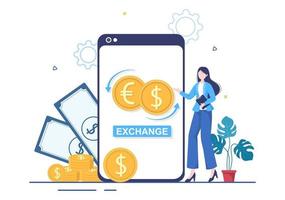World Currency Exchange Services Cartoon Illustration Online Economy Applications for Cryptography, Euro, Dollar with Transaction Code vector