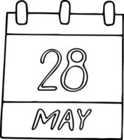 calendario dibujado a mano en estilo garabato. 28 de mayo. día, fecha. elemento para el diseño. planificación, vacaciones de negocios vector