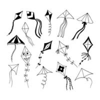 kites set hand drawn doodle. , minimalism, scandinavian, monochrome, nordic. toy wind flying ribbon tail sticker icon vector