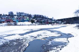 Frozen river, thawed places, beautiful landscape photo