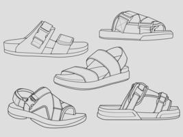 set of outline Cool strap sandals. strap sandals outline drawing vector, strap sandals drawn in a sketch style, strap sandals trainers template outline, Set Collection. grey background vector