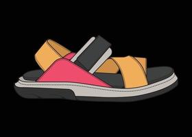 Ilustración de vector de sandalia con fondo negro. zapato de verano de sandalia de dibujos animados.