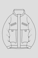 boceto de ilustración de moda técnica de chaqueta rompevientos, mangas largas, bolsillos ribeteados. chaqueta de boceto frontal de plantilla, con fondo de color gris. mujeres, hombres, unisex. vector