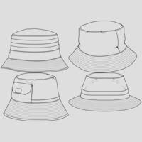 vector de dibujo de contorno de sombrero de cubo, conjunto de sombrero de cubo en un estilo de boceto, esquema de plantilla de entrenadores, ilustración vectorial.