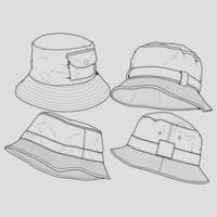 Bundle Set bucket hat outline drawing vector, set of bucket hat in a sketch style, trainers template outline, vector Illustration.