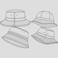 vector de dibujo de contorno de sombrero de cubo, conjunto de sombrero de cubo en un estilo de boceto, esquema de plantilla de entrenadores, ilustración vectorial.