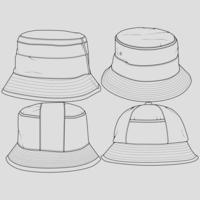 vector de dibujo de contorno de sombrero de cubo, conjunto de sombrero de cubo en un estilo de boceto, esquema de plantilla de entrenadores, ilustración vectorial.