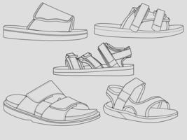 set of outline Cool strap sandals. strap sandals outline drawing vector, strap sandals drawn in a sketch style, strap sandals trainers template outline, Set Collection. grey background vector