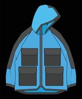 cazadora cortaviento técnica ilustración moda multicolor, manga larga, bolsillos ribeteados. chaqueta delantera de plantilla, con fondo de color negro. mujeres, hombres, unisex. vector