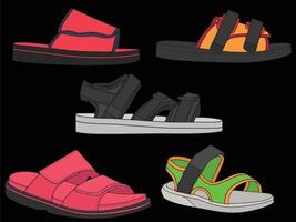 ilustración de conjunto de vectores de sandalia de moda con fondo negro. conjunto de zapatos de verano de sandalia de dibujos animados. calzado de verano de dibujos animados conjunto aislado.