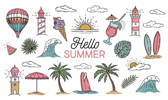 Summer, Surfboard, wave, balloon, lighthouse, palm trees, leaves, monstera, hand drawn illustration, vector.