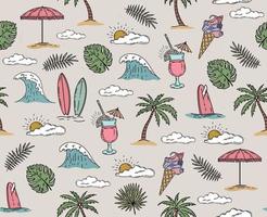 verano, tabla de surf, ola, globo, faro, palmeras, hojas, monstera, ilustración dibujada a mano, vector. vector