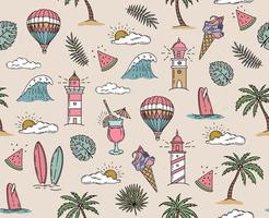 Summer, Surfboard, wave, balloon, lighthouse, palm trees, leaves, monstera, hand drawn illustration, vector. vector