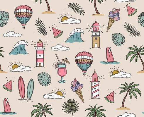 Summer, Surfboard, wave, balloon, lighthouse, palm trees, leaves, monstera, hand drawn illustration, vector.