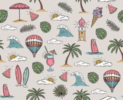 verano, tabla de surf, ola, globo, faro, palmeras, hojas, monstera, ilustración dibujada a mano, vector. vector