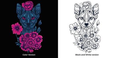 gato con ilustración de vector de rosas en estilo de color neón