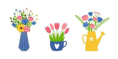 Set of flower bouquets. Bunch of plants in vase, cup and watering can collection. Design element for greeting card, invitation, stickers, postcard, poster, print. vector