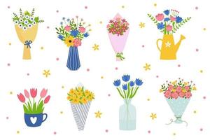 Set of flower bouquets. Bunch of plants in vases, cup and watering can collection. Design element for greeting card, invitation, stickers, postcard, poster, print. vector