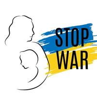 Stop war in Ukraine with silhouette of a woman and a child. Blue and yellow brush stroke. Save Ukraine vector