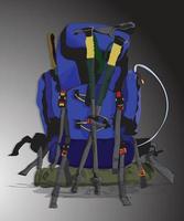 mochila grande o bolsa de transporte perfecta para viajes de montaña más bastón de trekking para unas hermosas vacaciones de verano vector