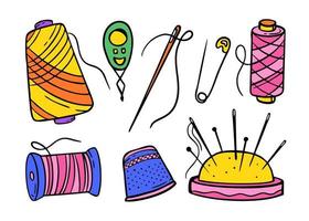 Needlework sewing knitting a large set of bright multicolored elements Hand made Vector illustration on a white background