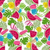 Seamless pattern with monstera leaves watermelon and ice cream on a white background Vector illustration in a flat style