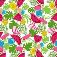 Seamless pattern with monstera leaves watermelon and ice cream on a white background Vector illustration in a flat style