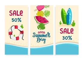 Summer background poster sale banner Surfing Inscription hello summer Vector illustration in flat style