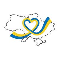 Heart shaped blue and yellow ribbon and line art map of Ukraine. Design element for sticker, banner, poster, card, print. vector