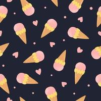 Ice cream seamless pattern. Waffle cone with scoops of ice cream. Background for poster, print, cards, wrapping paper, clothes decoration and ice cream shop. vector