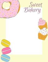 Sweet Bakery template. Donut, muffins and macaroons with yellow frame. vector