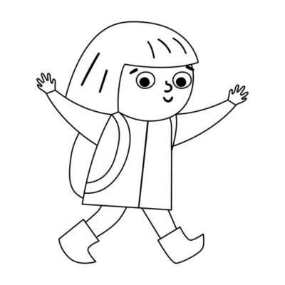 Cute black and white girl walking with backpack and hands up. Happy walking  kid. Vector summer camp outline illustration. Camping character doing  summer activity. Travel tourist line icon. 8019430 Vector Art at