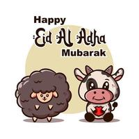 Happy Eid al-Adha funny greetings with sheep and cows vector