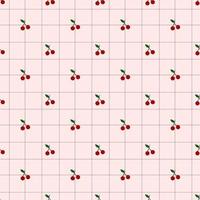 Seamless pattern of cute red cherry on pink background with grid line. vector