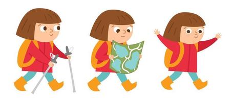 Girl doing summer activities. Cute kid walking with Nordic sticks, backpack and map. Vector summer camp set. Camping character collection. Woodland travel tourists icons pack.