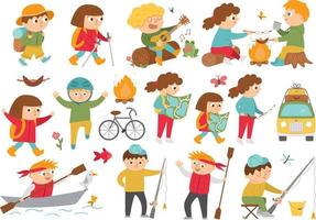 Cute hiking kids doing summer activities. Vector summer camp set. Camping, fishing, rafting, trekking children collection. Outdoor nature tourism icons pack. Woodland travel tourists