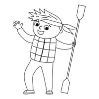 Cute black and white boy standing with paddle and hands up. Happy kid ready for rafting or kayaking. Vector summer camp outline illustration. Camping character. Woodland travel tourist line icon.