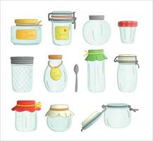 Vector set of colored glass jam jars watercolor style isolated on white background.Colorful collection of empty pots for preserved food.