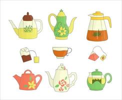 Teapot icon set. Bright tea pot vector illustration. Colored kettles isolated on white background. Doodle style kitchen equipment collection