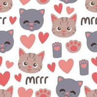 Cat muzzle face head and paw seamless pattern vector illustration