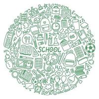 School doodle set different objects green color vector illustration