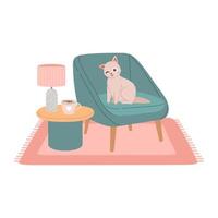 Cat on modern chair flat design vector illustration